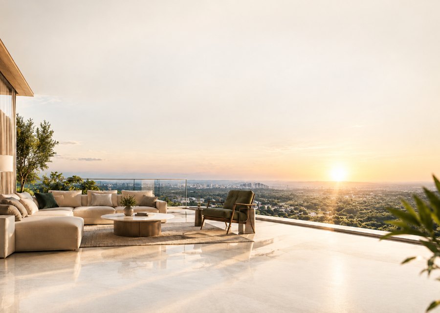 A living room opening onto a wide open terrace at sunset