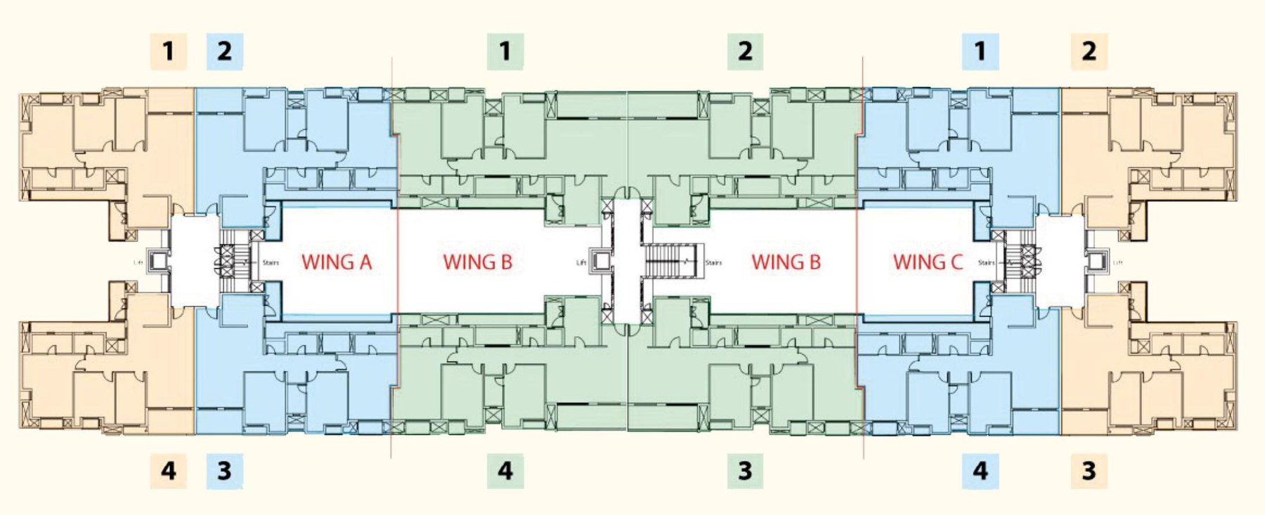 Typical floor plan for Codename - The Grand Six, showing Wings A, B and C